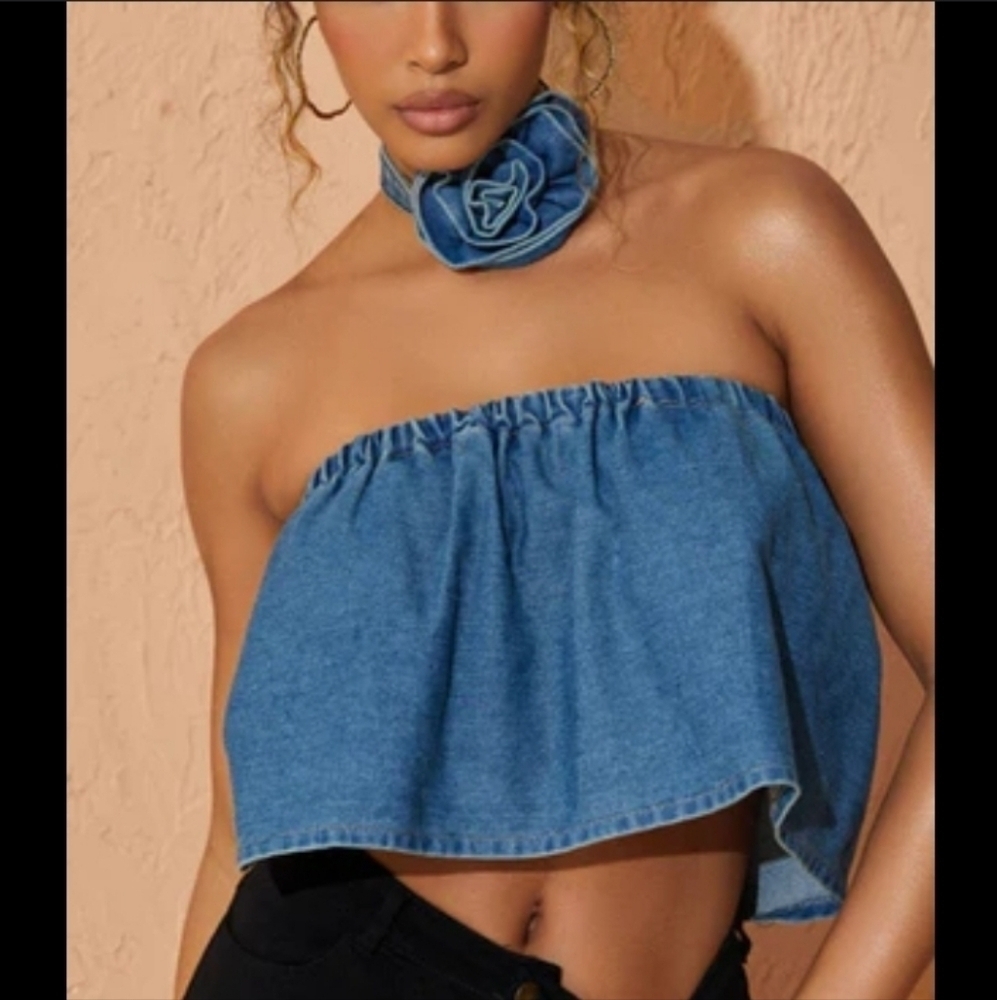 Denim Rose Tube Top & Choker Set‎ – Y2K Vibes! OS - Picture 3 of 5